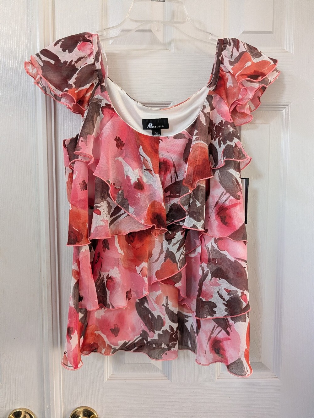 AB Studio Pink and Brown Floral Ruffle Layered Top - Tags Attached